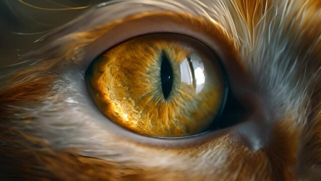 Close up view of cat's eye. Pet or pets cat macro video. Textured fur. Macro. Eyeball of kitty, feline or kitten macrophotography. Close-up view of cat animal head. moving eye 4k video