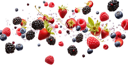 Berries collection falling in the air isolated on transparent and white background.PNG image. - obrazy, fototapety, plakaty