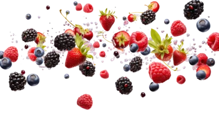 Fotobehang Berries collection falling in the air isolated on transparent and white background.PNG image. © CStock