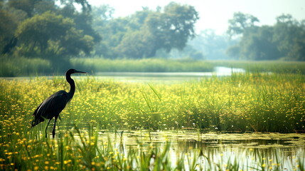 A lone heron stands among yellow flowers with a calm water reflection and a hazy, tree-lined background - obrazy, fototapety, plakaty