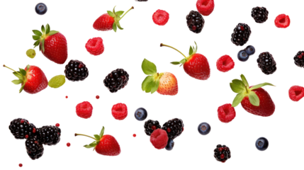 Berries collection falling in the air isolated on transparent and white background.PNG image.