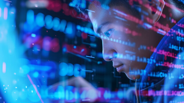 The Technology connect, of a young men using laptop, analysis coding, generative ai