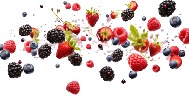 Berries collection falling in the air isolated on transparent and white background.PNG image.