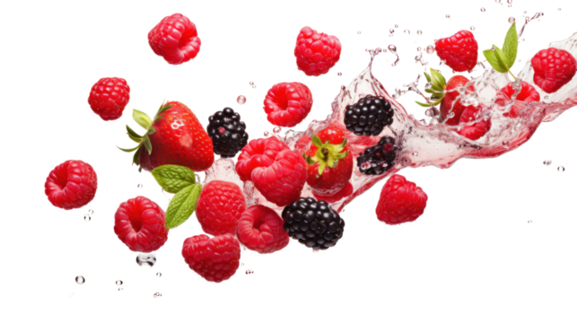 Berries collection falling in the air isolated on transparent and white background.PNG image.