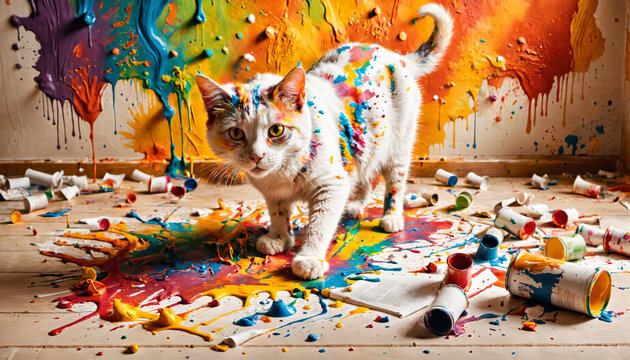 a cat walking through a mess of paint and crayons on the floor of a room with a rainbow wall