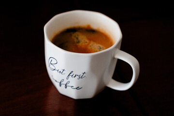 cup of coffee on a table - top view close uup
