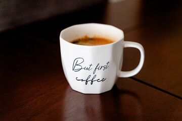 cup of coffee on a table - top view