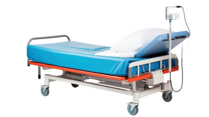 Hospital patient bed isolated on transparent and white background.PNG image.