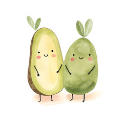a cute couple avocado clipart, watercolor illustration, Perfect for nursery art сreated with Generative Ai