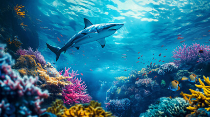 Fototapeta premium The big shark swimming underwater, Illustration
