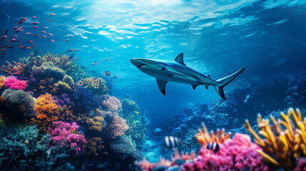 Fototapeta na wymiar The big shark swimming underwater, Illustration
