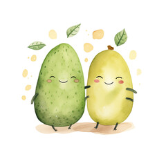 a cute couple avocado clipart, watercolor illustration, Perfect for nursery art сreated with Generative Ai