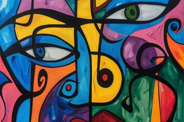 abstract painting of modern art with intricate shapes and patterns and decorative faces