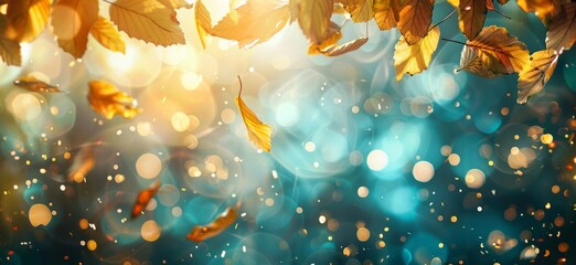 autumn leaves with golden bokeh background Generative AI - obrazy, fototapety, plakaty