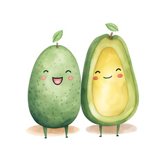 a cute couple avocado clipart, watercolor illustration, Perfect for nursery art сreated with Generative Ai