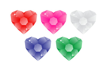 Beautiful bright heart crystals in red, pink, blue, green and white colors. Set of isolated vector illustrations