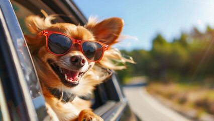 Happy Chihuahua wearing sunglasses heads out of the car window when on the road trip