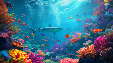 Naklejka na ściany i meble The big shark swimming underwater, Illustration