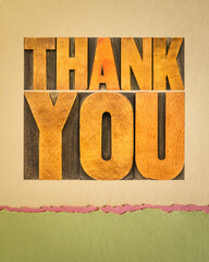 thank you, word abstract in vintage letterpress wood type on art paper, vertical poster