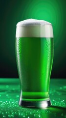 A glass of cold green beer on the table on a green background. St. Patrick's Day. A vertical banner.