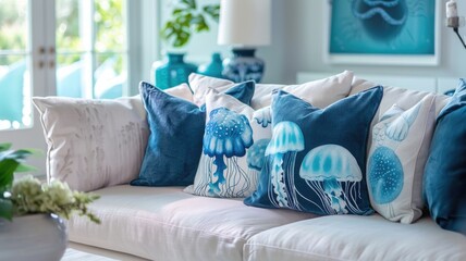 charming array of marine-inspired cushions, featuring jellyfish prints, adorns a sofa, enhancing the coastal theme of a light-filled living space