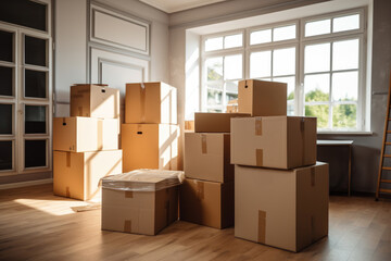 Stack of brown cardboard boxes with household belongings on floor in empty living room. Moving to new home, relocation, renovation, home staging, removals and delivery service