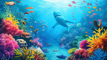 Obraz na płótnie Canvas The big shark swimming underwater, Illustration