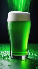 A glass of cold green beer on the table on a green background. St. Patrick's Day. A vertical banner.