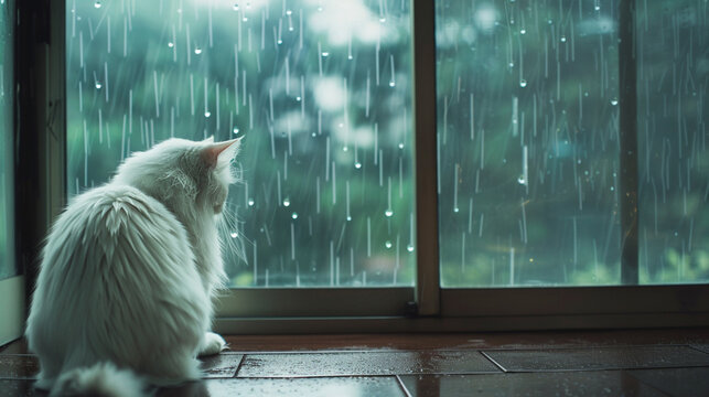 a white long hair cat see the pouring rain outside generative ai