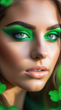 Close-up of a beautiful woman with creative makeup with green sequins, leaf of clover on side, green eyes. St. Patrick's Day, an Irish holiday. Vertical