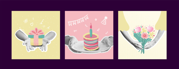 Happy birthday greeting cards. Cake, gift, flowers and halftone collage hands. Vector holiday banner