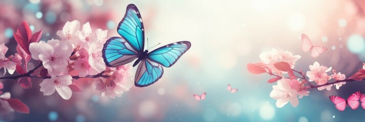 Fototapeta na wymiar Blue Butterfly Flying Over Pink Flowers