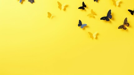 Group of Black and Yellow Butterflies on Yellow Background