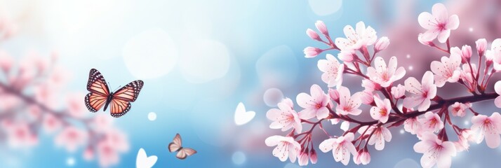 Two Butterflies Flying Above Pink Flowers