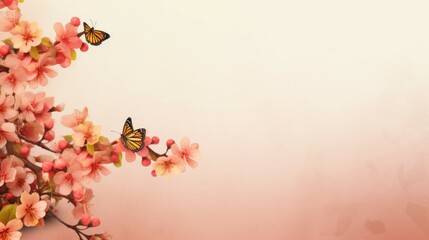 Pink Flowers and Butterflies Painting on White Background