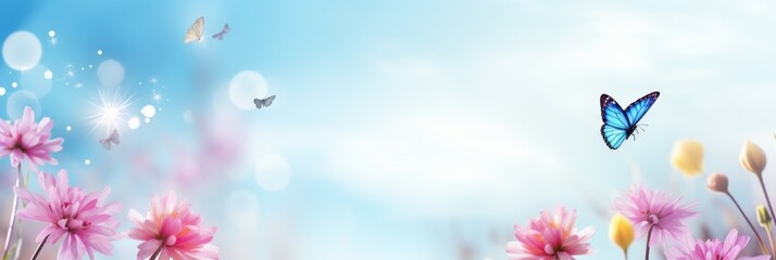 Blue Butterfly Soaring Over Field of Pink Flowers