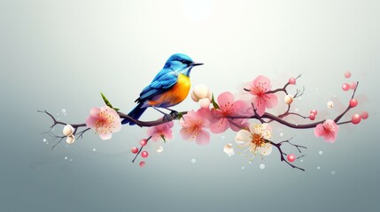 Blue Bird on Branch With Pink Flowers