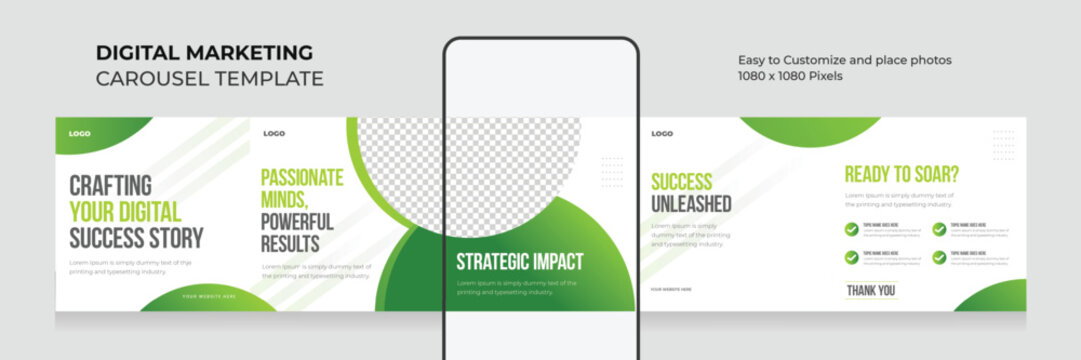 Microblog carousel template. Instagram carousel post. 5 seamless square slide social media post. EPS vector illustration.