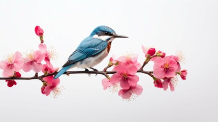 Bird Perched on Branch With Pink Flowers