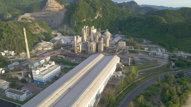 Aerial view of cement factory located not far from the beach