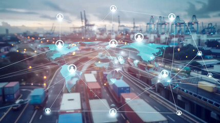 A cargo port at dusk overlaid with a digital global logistics network map, depicting worldwide trade and shipping routes