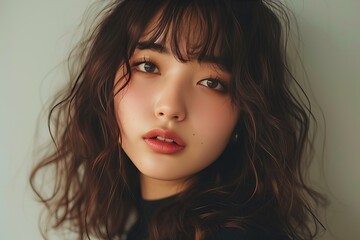 Naklejka premium Portrait of a cute and confident young Japanese woman taking a selfie with shoulder-length wavy hair with bangs