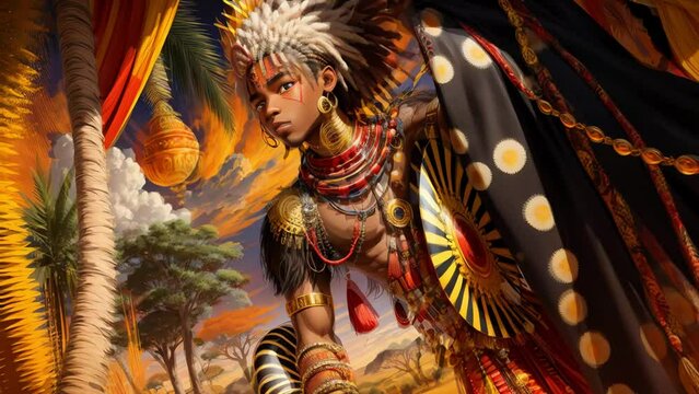 African savannah, a black African tribal teenage boy painted in warpaint wearing tribal red attire and a golden crown, giant red moon, vibrant colours, Afrocentric, Afrofuturistic, the king of Africa