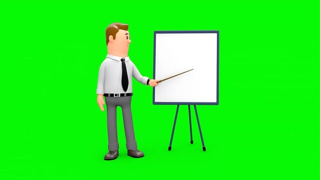 3D Animated Businessman Giving Presentation on Whiteboard