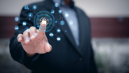 Cybersecurity and privacy concepts to protect data. Lock icon and internet network security technology. Businessman protecting personal data on internet, virtual screen interfaces. cyber security.