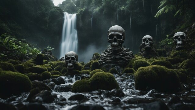 waterfall in the park Horror_ A waterfall of madness, with a landscape of twisted rocks and skulls, peaceful waterfall 