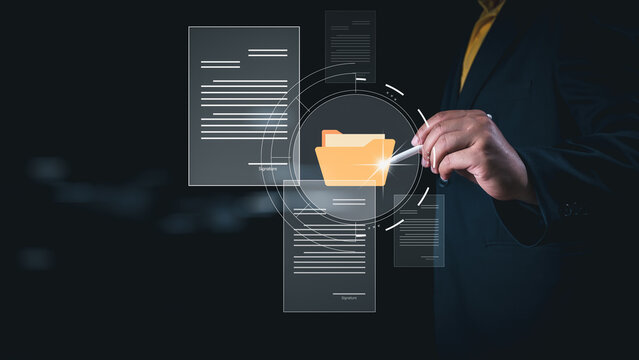 DMS, Document management system concept, business man tuching folder and document icon software, searching and managing files online document database, for efficient archiving and company data.