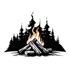 campfire silhouette, solid black, no color, white background сreated with Generative Ai