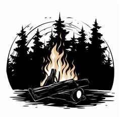 campfire silhouette, solid black, no color, white background сreated with Generative Ai