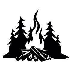 campfire silhouette, solid black, no color, white background сreated with Generative Ai